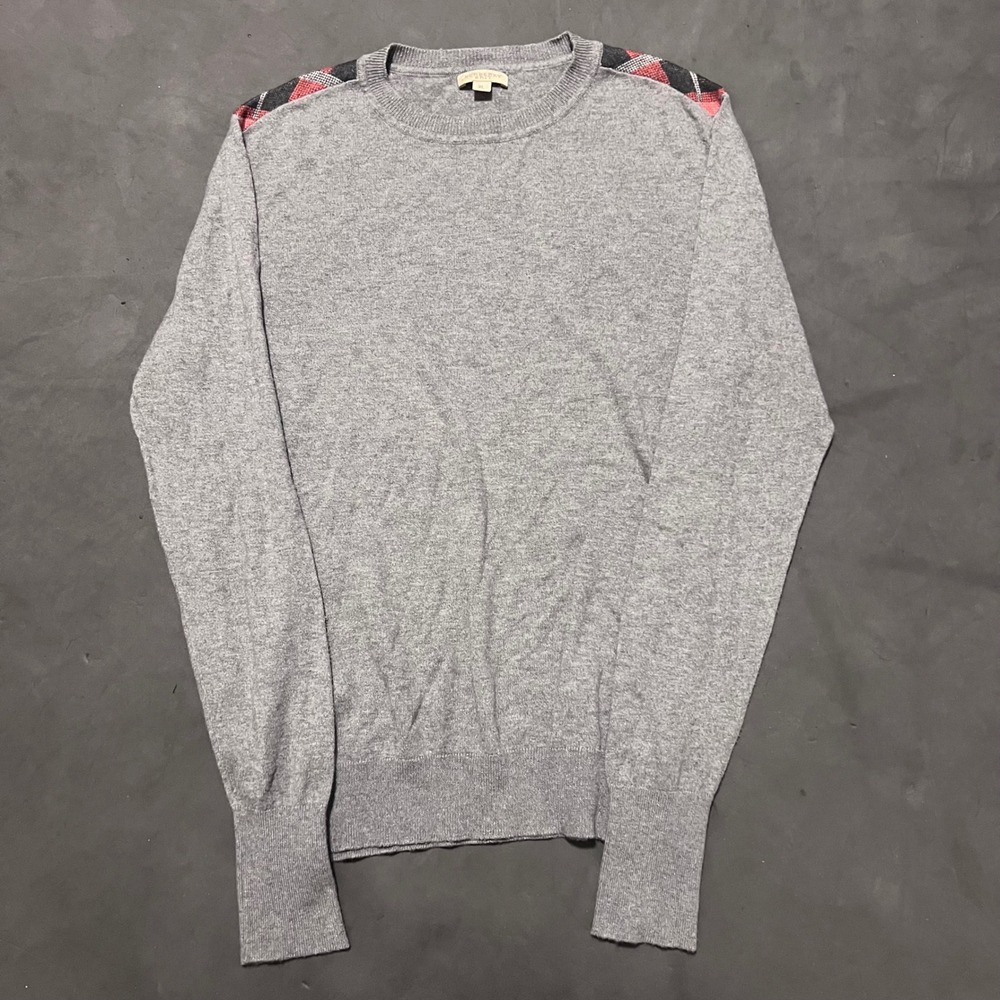 Burberry Brit Men's Grey Crew Neck Sweater XL Cotton Cashmere Plaid‎ Detail